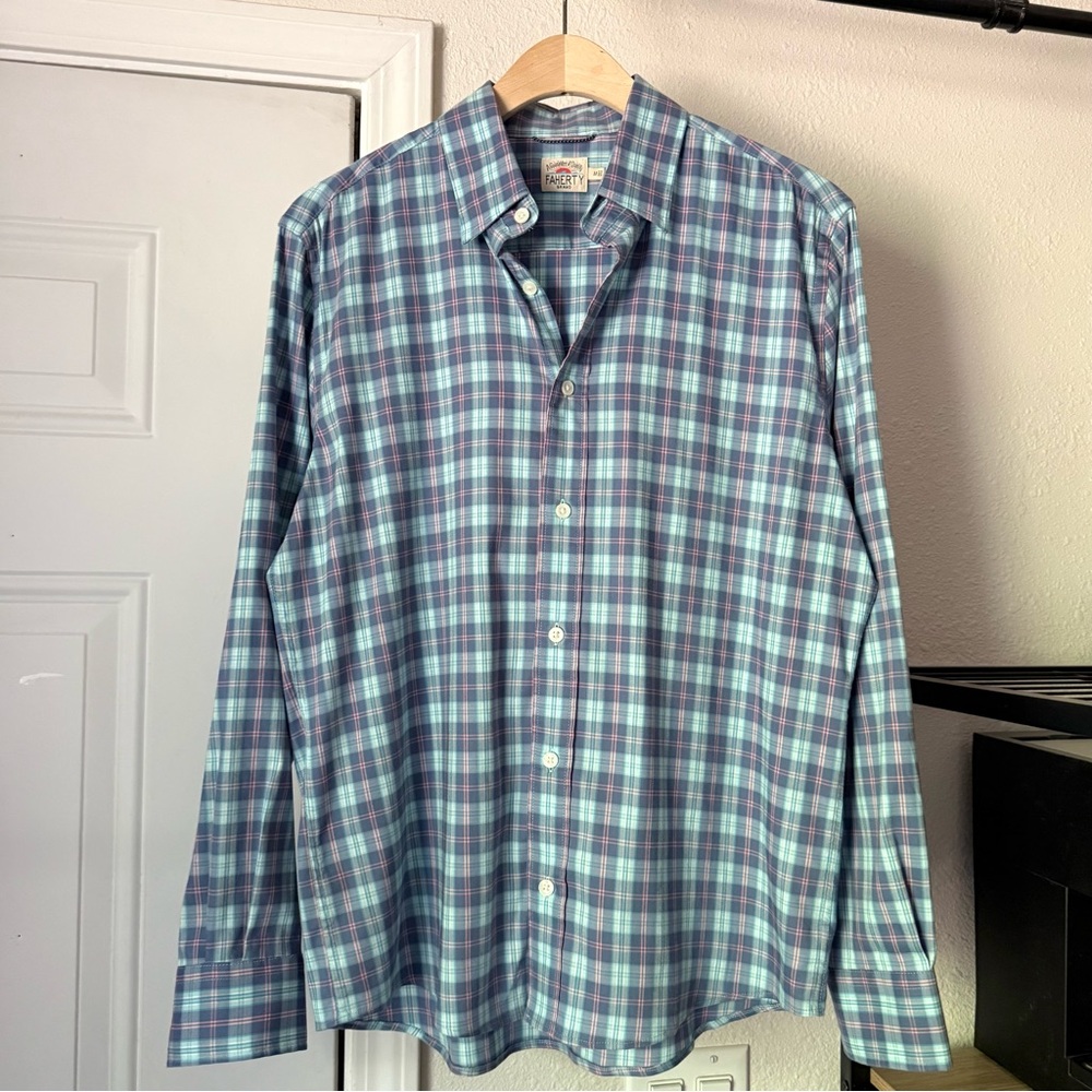 FAHERTY blue plaid supima cotton blend long‎ sleeve button up shirt